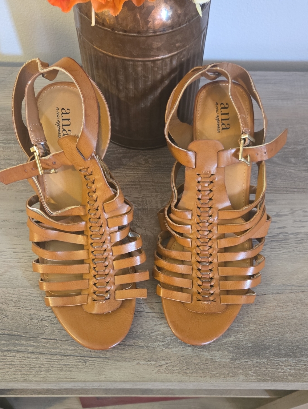 a.n.a Braided-Strap Tan Gladiator Sandals with Ankle Buckle